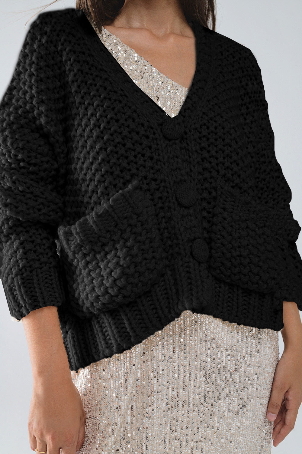 Chaqueta negra oversize de punto grueso con bolsillos Chaqueta negra oversize de punto grueso con bolsillos