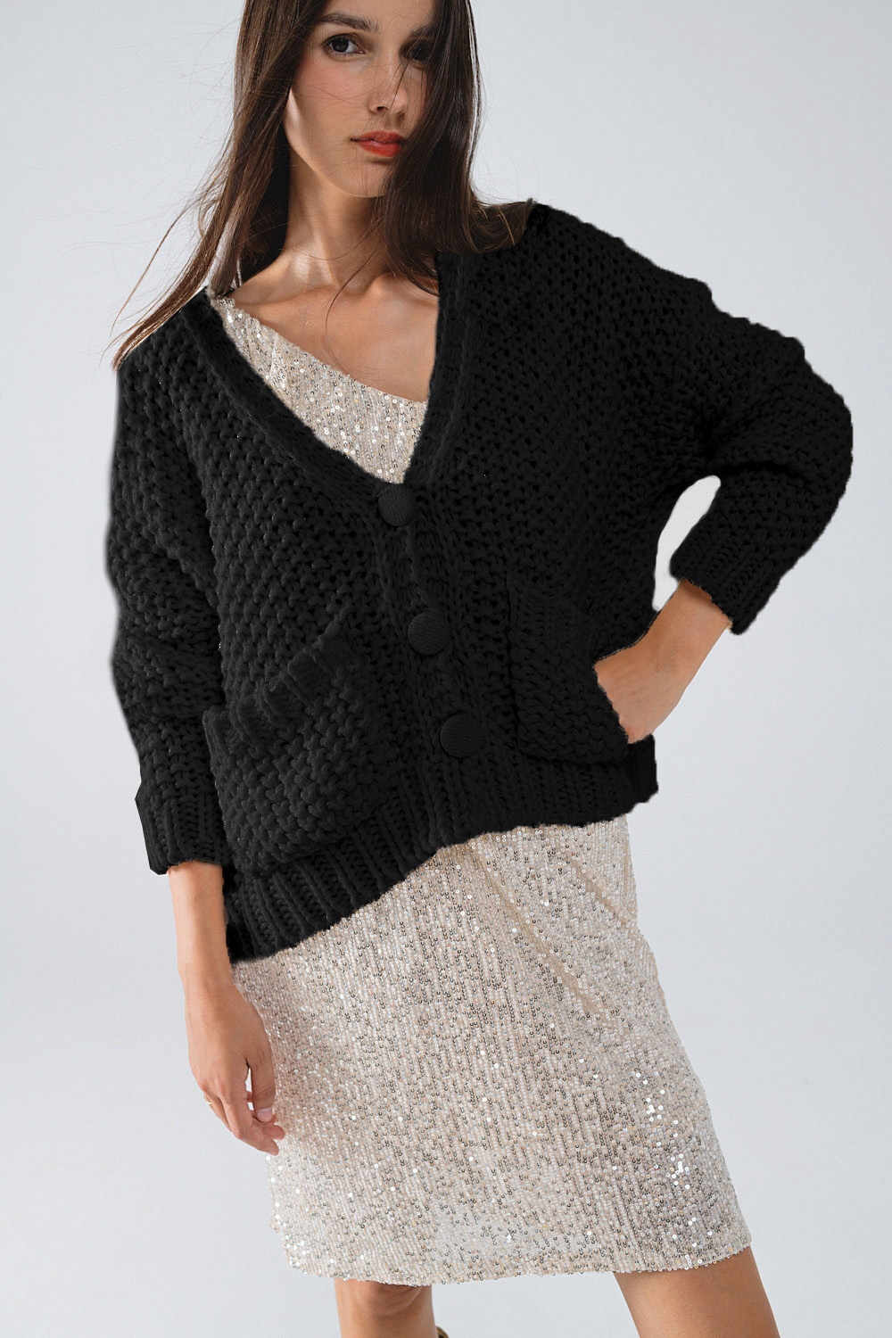 Chaqueta negra oversize de punto grueso con bolsillos Chaqueta negra oversize de punto grueso con bolsillos