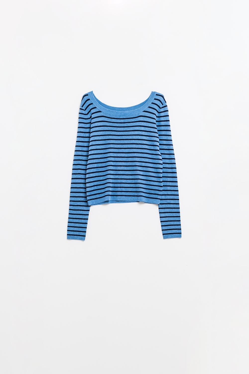 Jersey de punto fino a rayas azules con cuello barco Jersey de punto fino a rayas azules con cuello barco