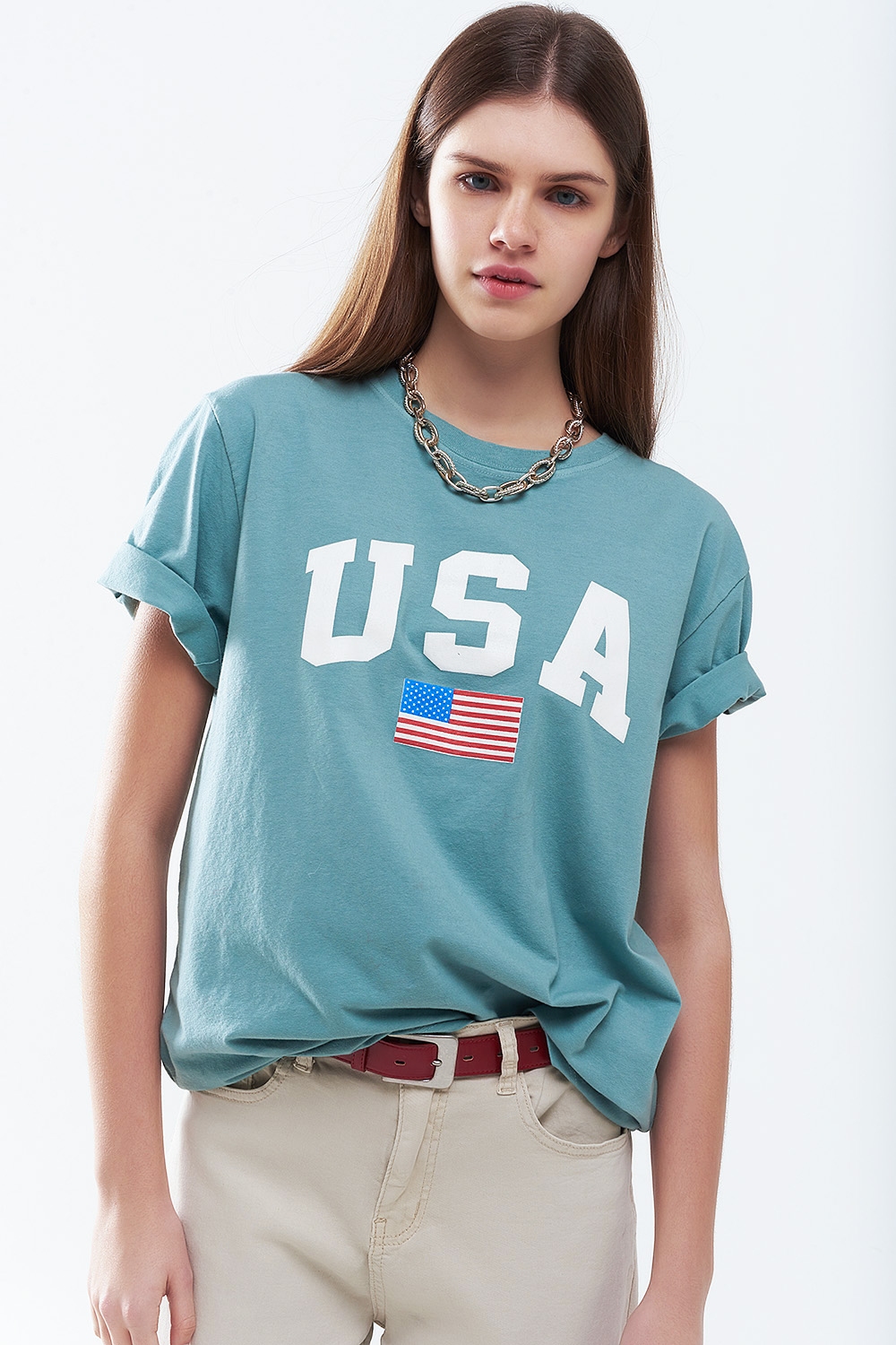 Camiseta larga suelta verde con logotipo de USA Camiseta larga suelta verde con logotipo de USA