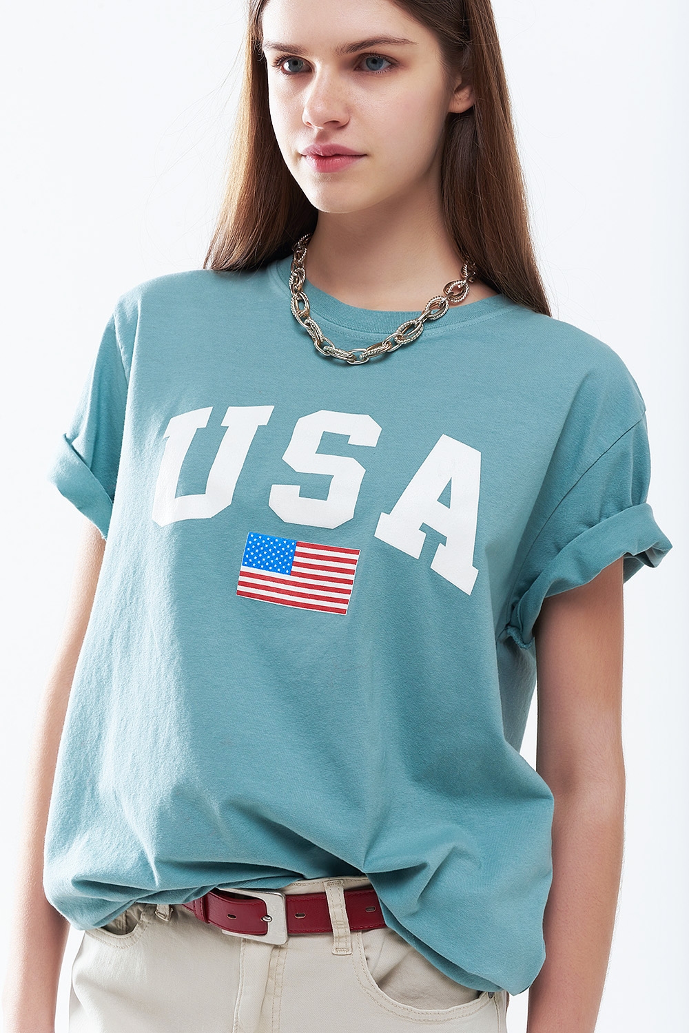 Camiseta larga suelta verde con logotipo de USA Camiseta larga suelta verde con logotipo de USA