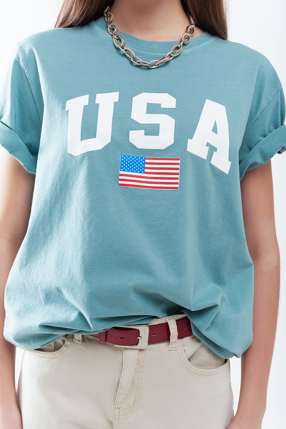 Camiseta larga suelta verde con logotipo de USA Camiseta larga suelta verde con logotipo de USA