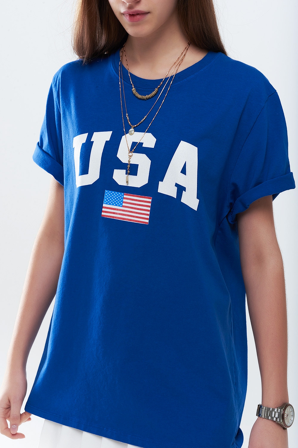 Camiseta larga holgada azul con logotipo de USA