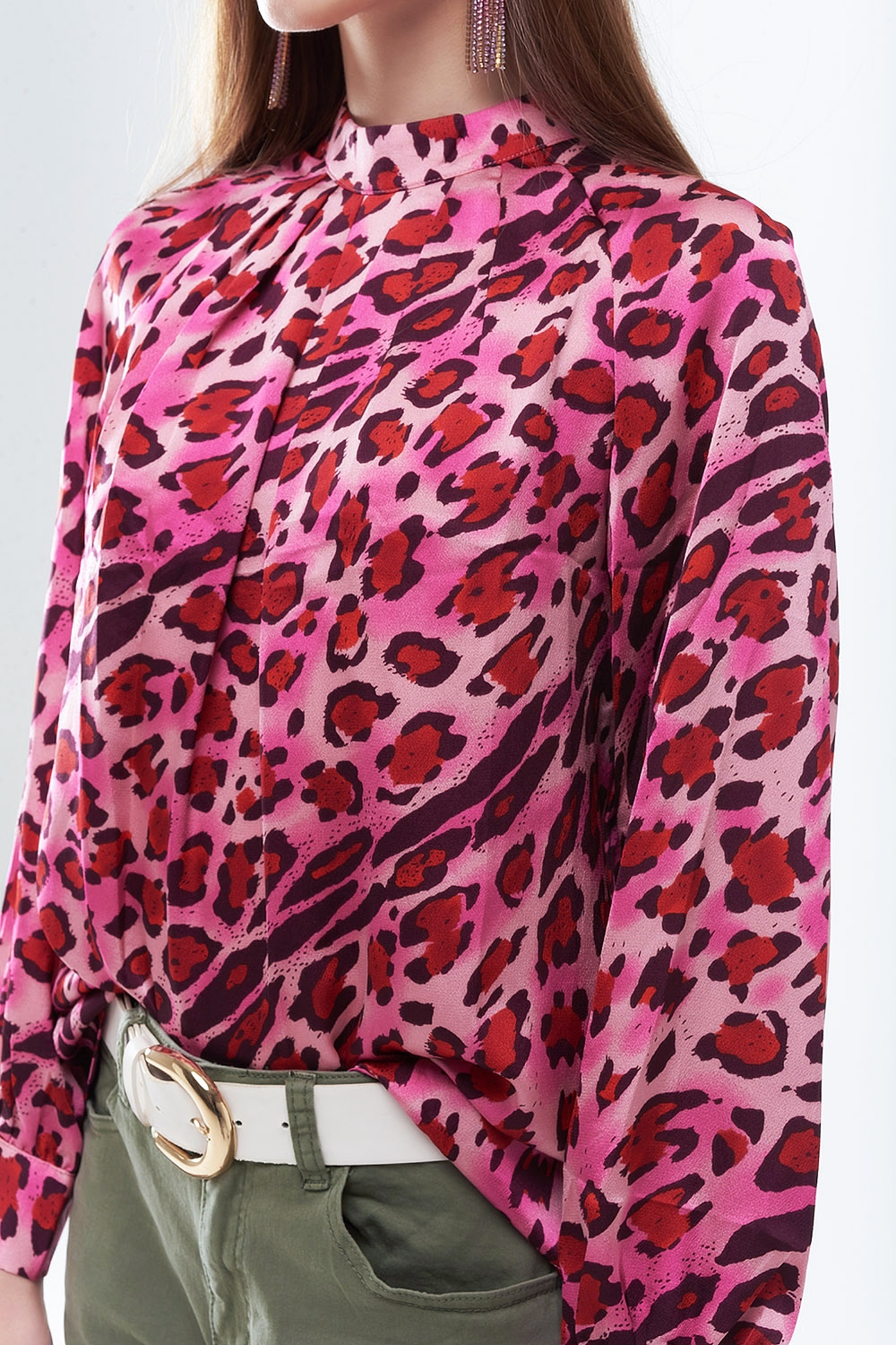 Blusa de Manga Larga en Estampado de Leopardo Fucsia a la Moda Blusa de Manga Larga en Estampado de Leopardo Fucsia a la Moda