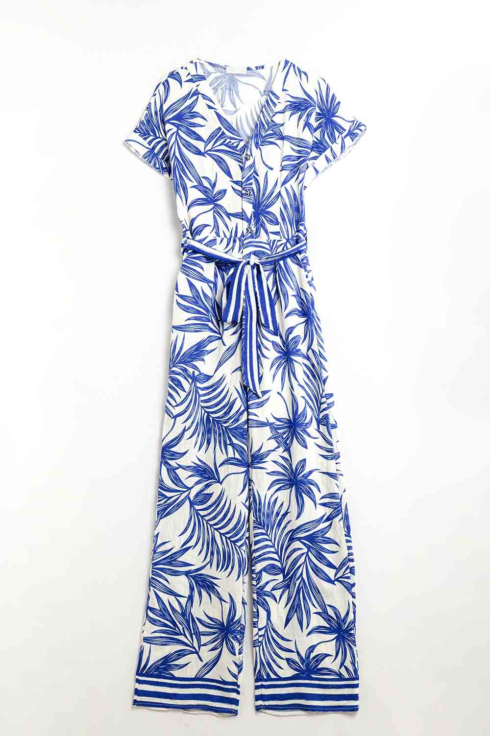 Mono de manga corta con motivo tropical en azul y blanco Mono de manga corta con motivo tropical en azul y blanco