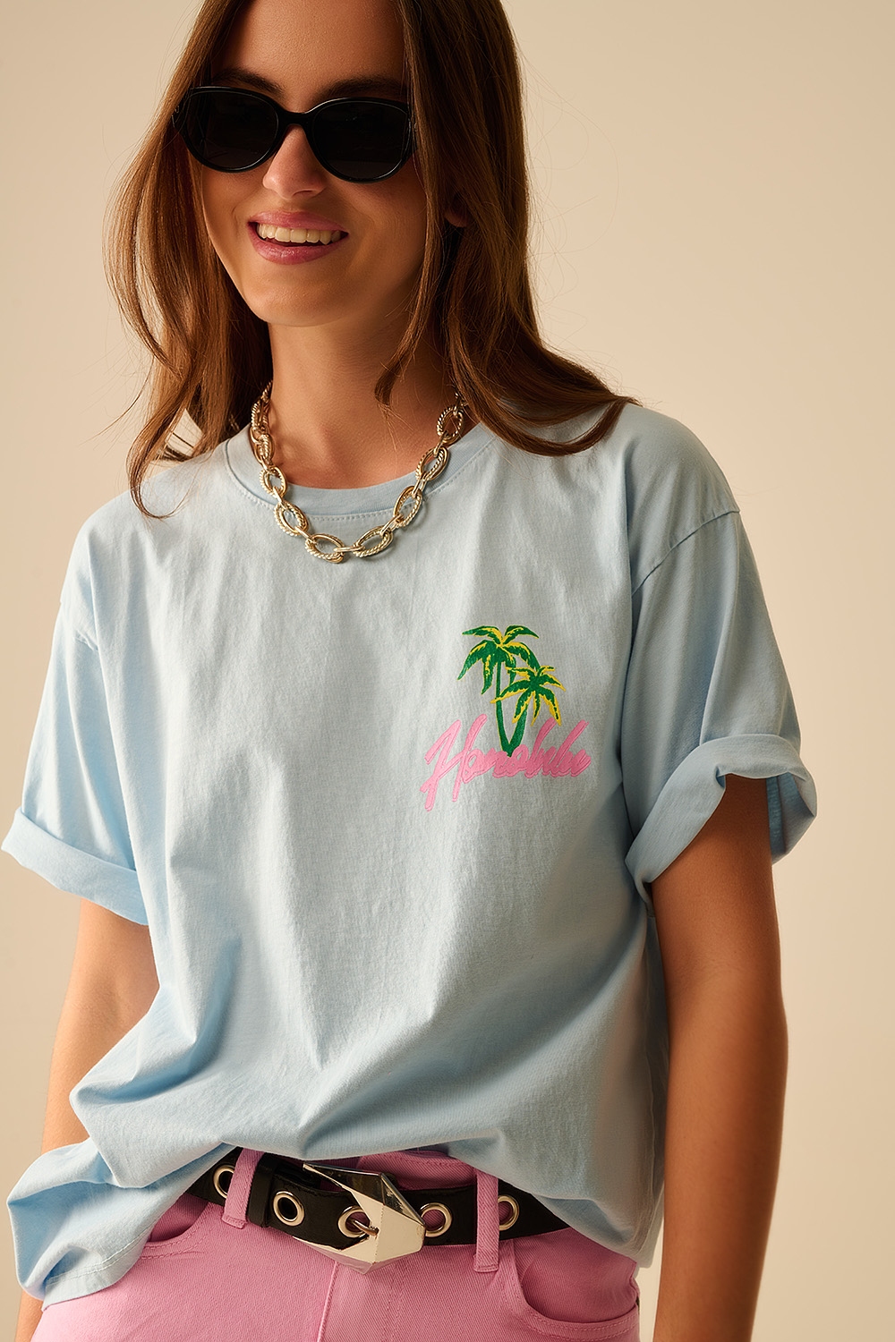 Camiseta azul made in Italy con gráfico Honolulu Camiseta azul made in Italy con gráfico Honolulu