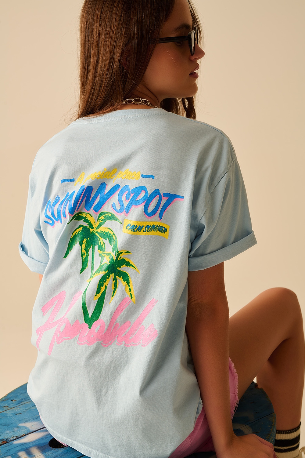 Camiseta azul made in Italy con gráfico Honolulu Camiseta azul made in Italy con gráfico Honolulu