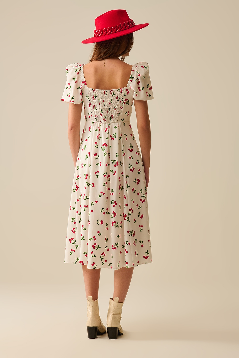 Vestido midi con estampado de cerezas y mangas abullonadas