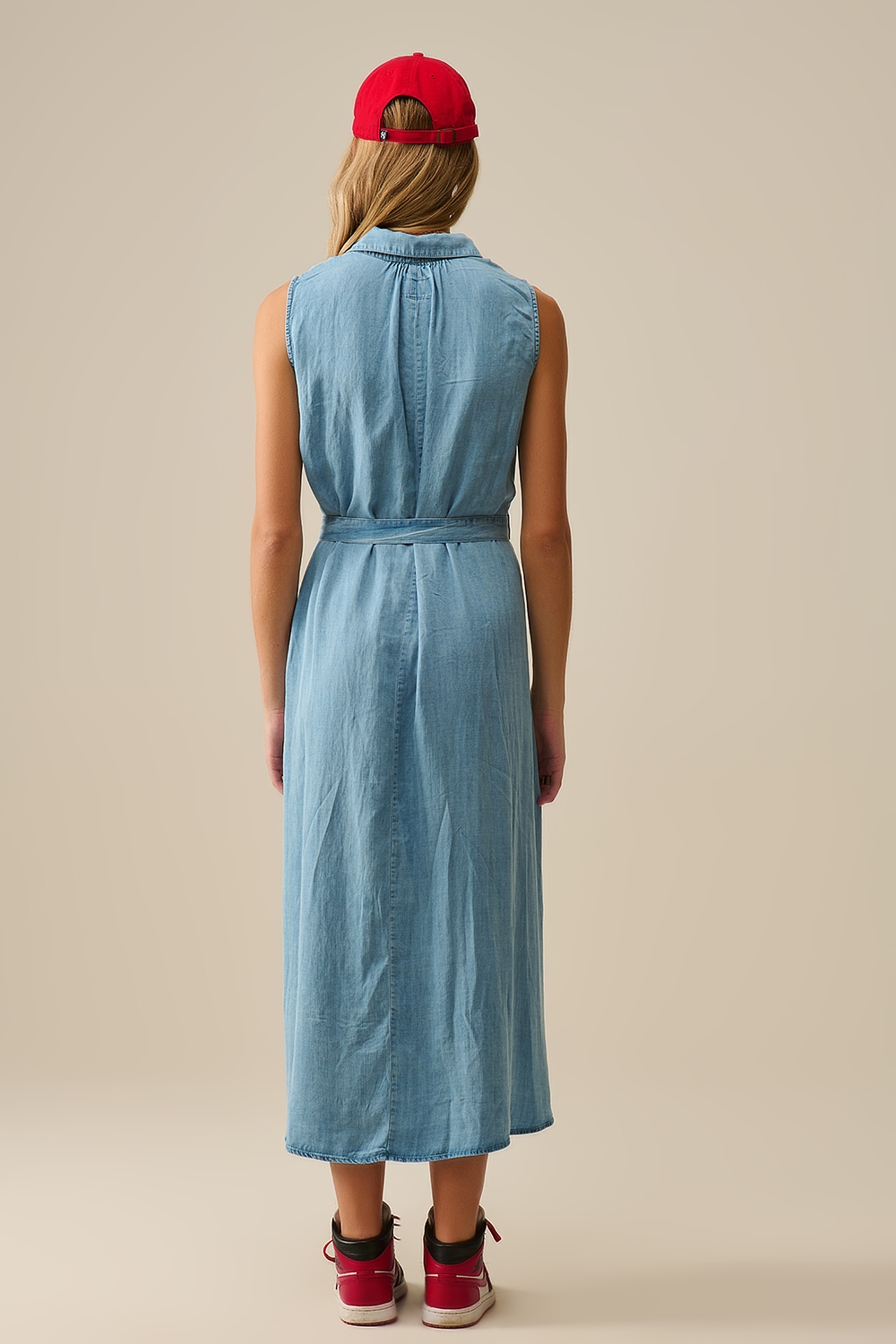 Vestido camisero sin mangas en tejido tencel Azul Vestido camisero sin mangas en tejido tencel Azul