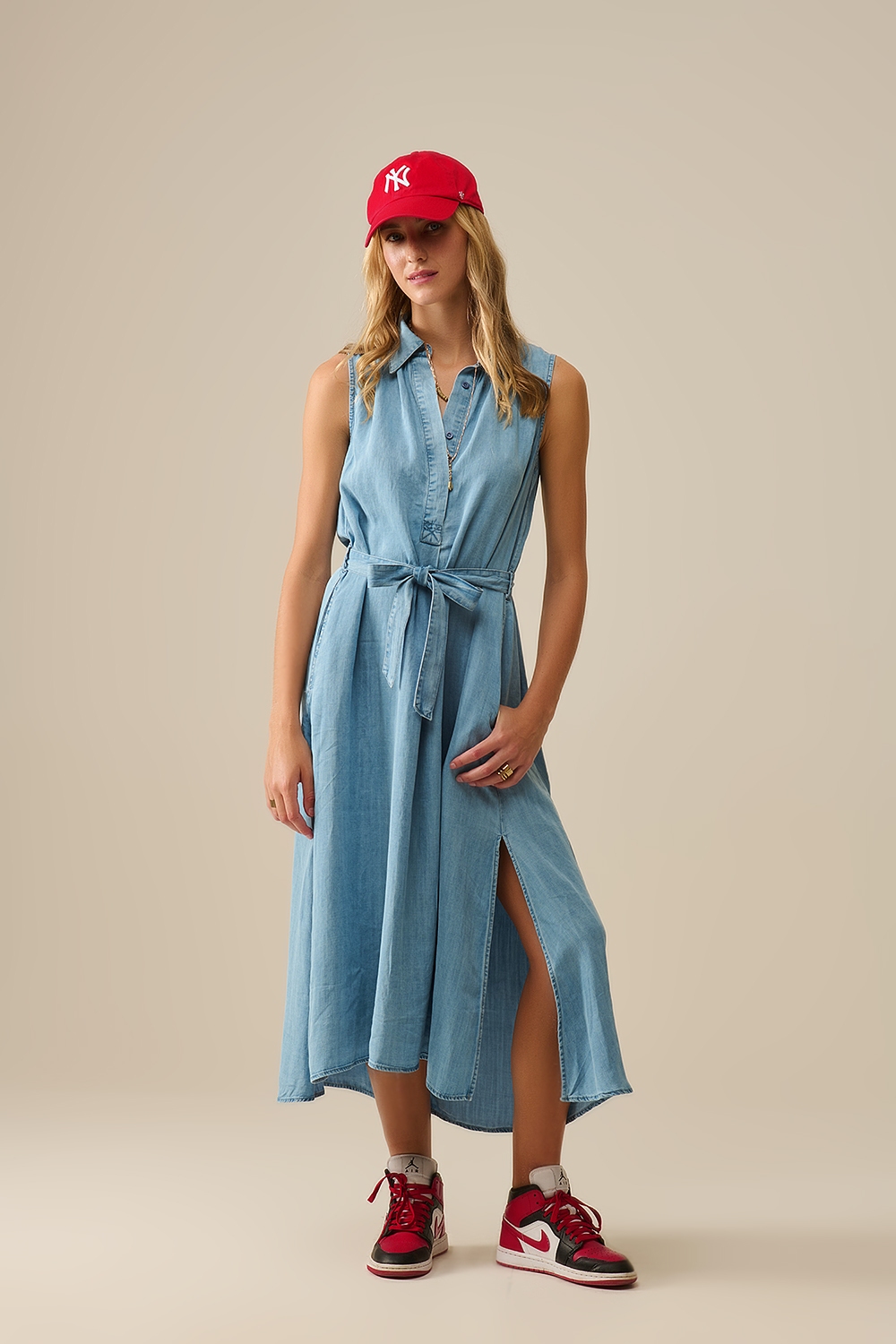 Vestido camisero sin mangas en tejido tencel Azul Vestido camisero sin mangas en tejido tencel Azul