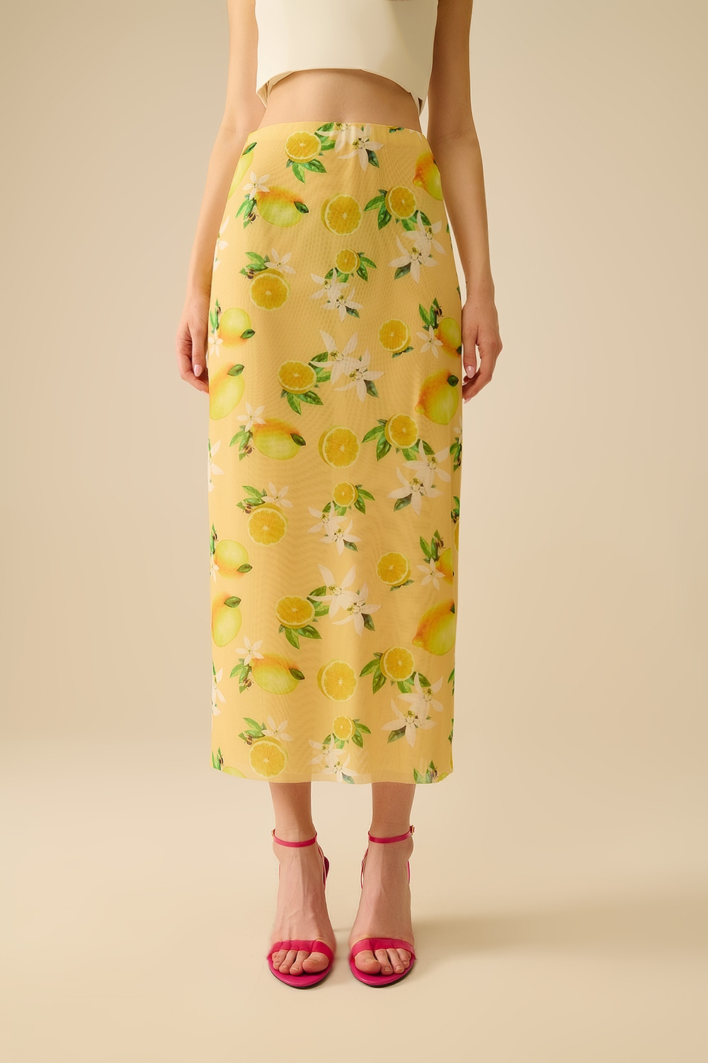 Amarillo Falda midi ajustada con estampado de limón en tejido de malla Amarillo Falda midi ajustada con estampado de limón en tejido de malla