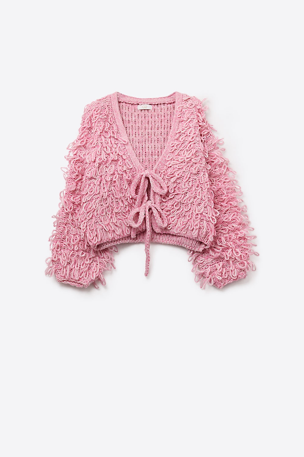 Chaqueta de punto grueso en color rosa con cuello en V y cierre de lazo delantero Chaqueta de punto grueso en color rosa con cuello en V y cierre de lazo delantero