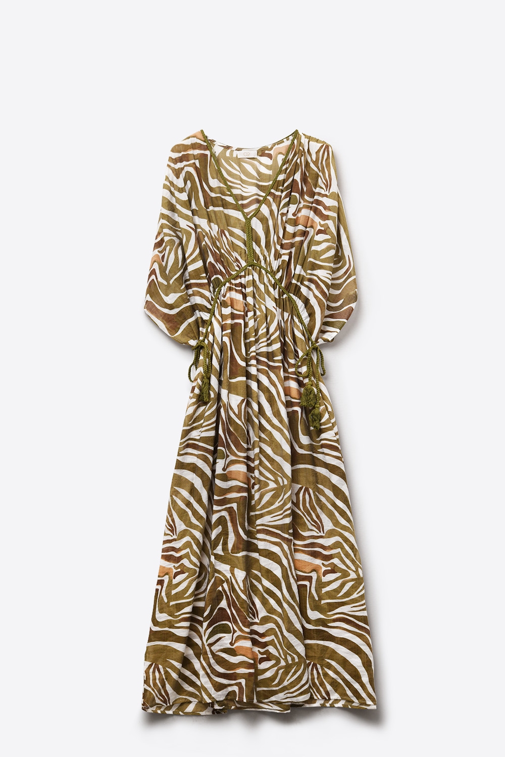 maxivestido caqui de gasa fluida con estampado de cebra y cordón en la cintura maxivestido caqui de gasa fluida con estampado de cebra y cordón en la cintura
