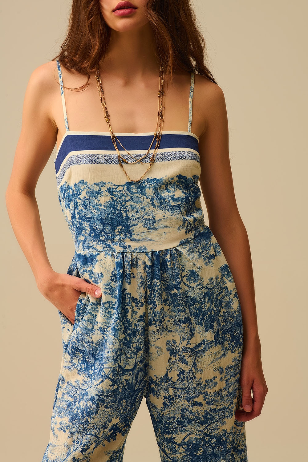 Mono estampado Toile de Jouy con tirantes finos
