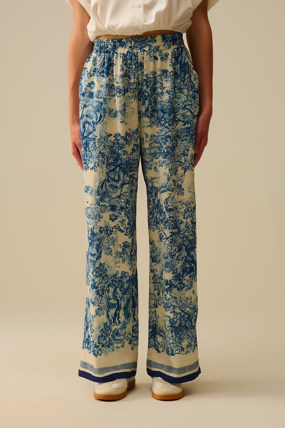 Pantal&oacute;n fluido estampado Toile de Jouy con cintura el&aacute;stica