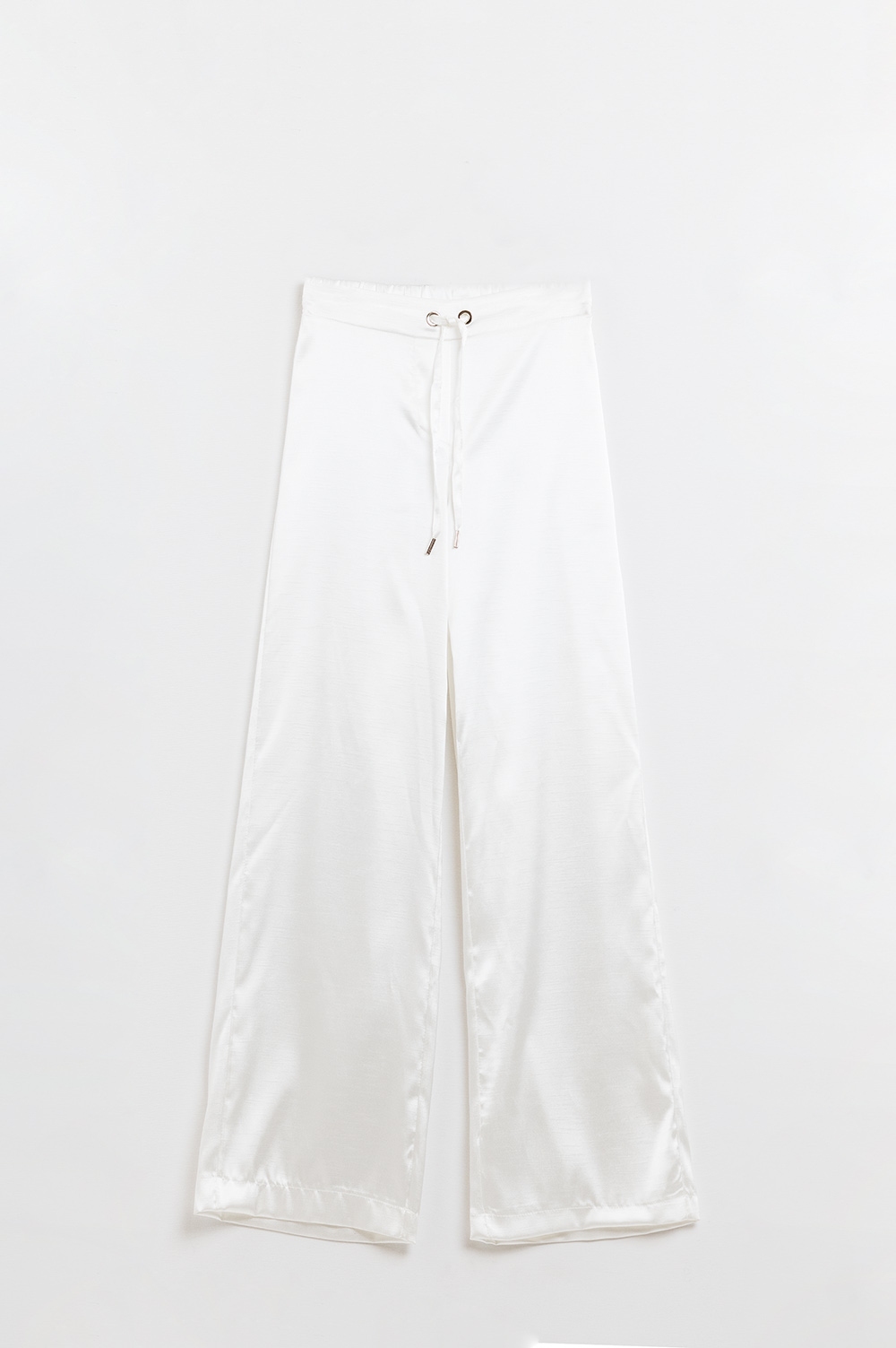 Pantalón de cintura alta de raso blanco con cordón de ajuste Pantalón de cintura alta de raso blanco con cordón de ajuste