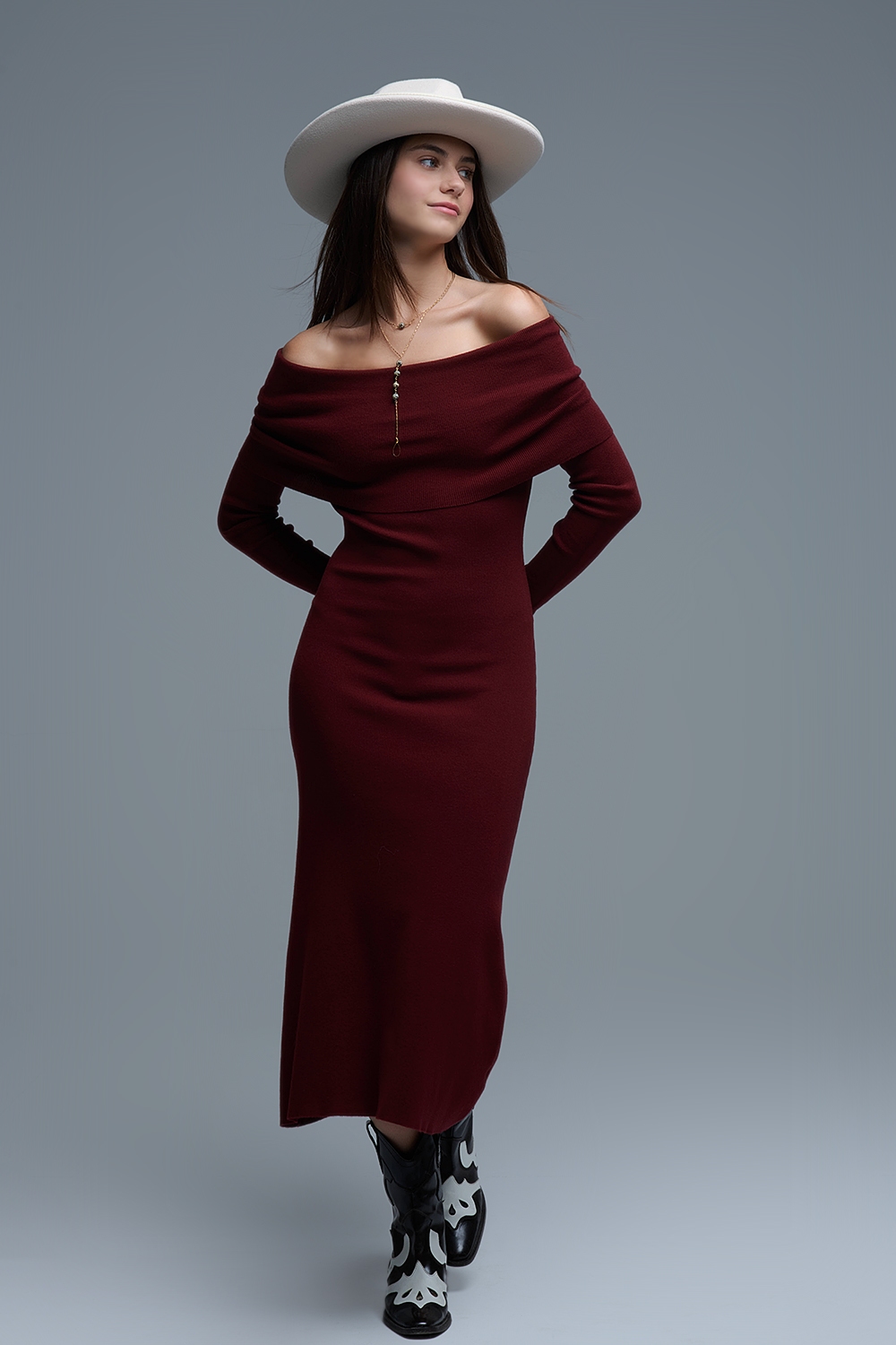 Maxi Vestido Bardot ancho de punto en burdeos