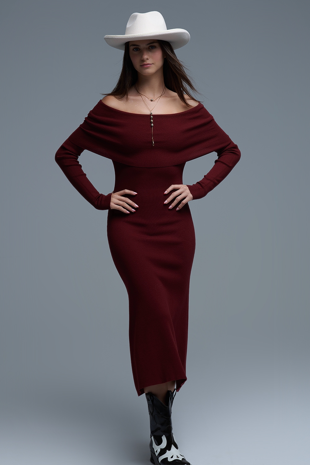 Maxi Vestido Bardot ancho de punto en burdeos