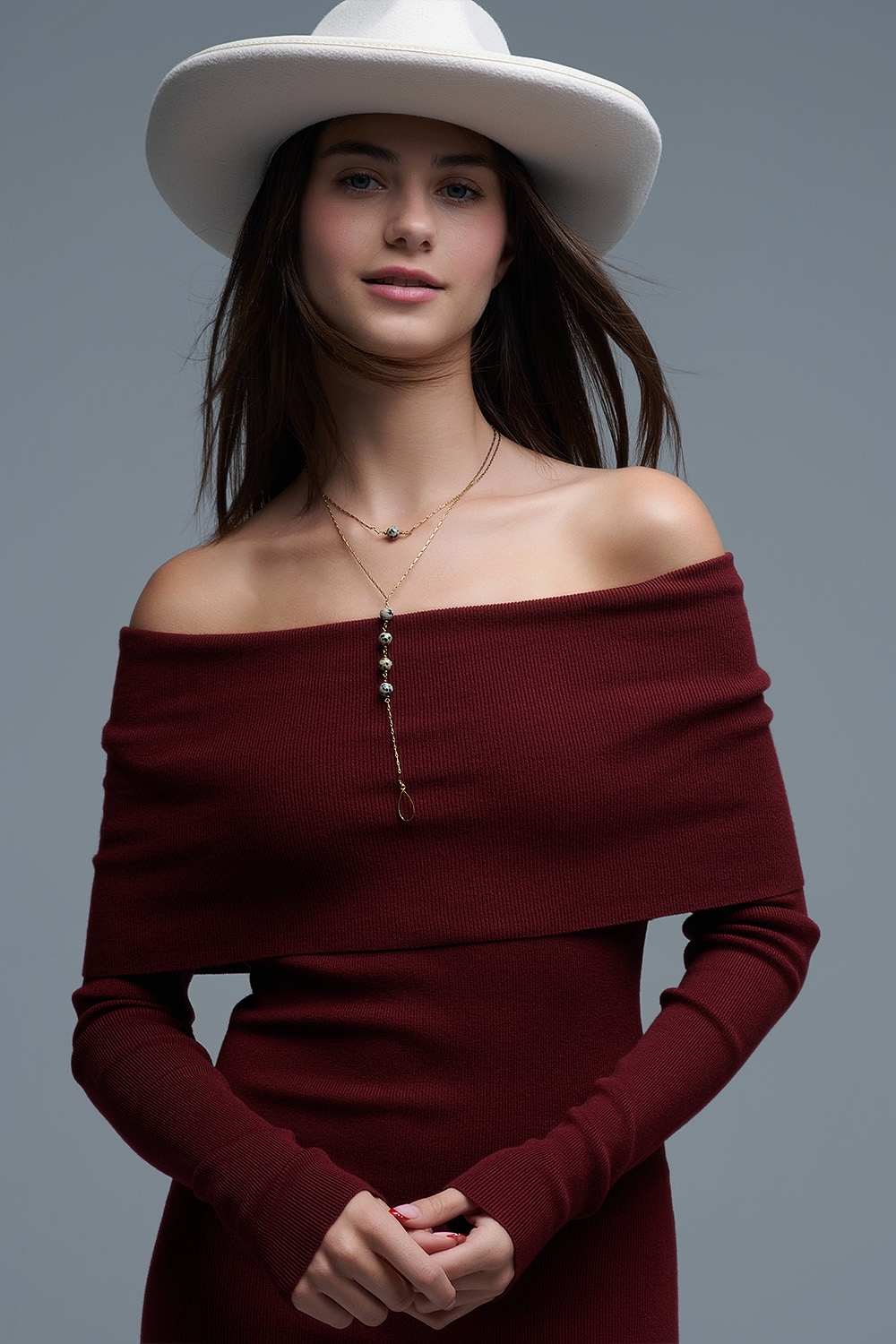 Maxi Vestido Bardot ancho de punto en burdeos
