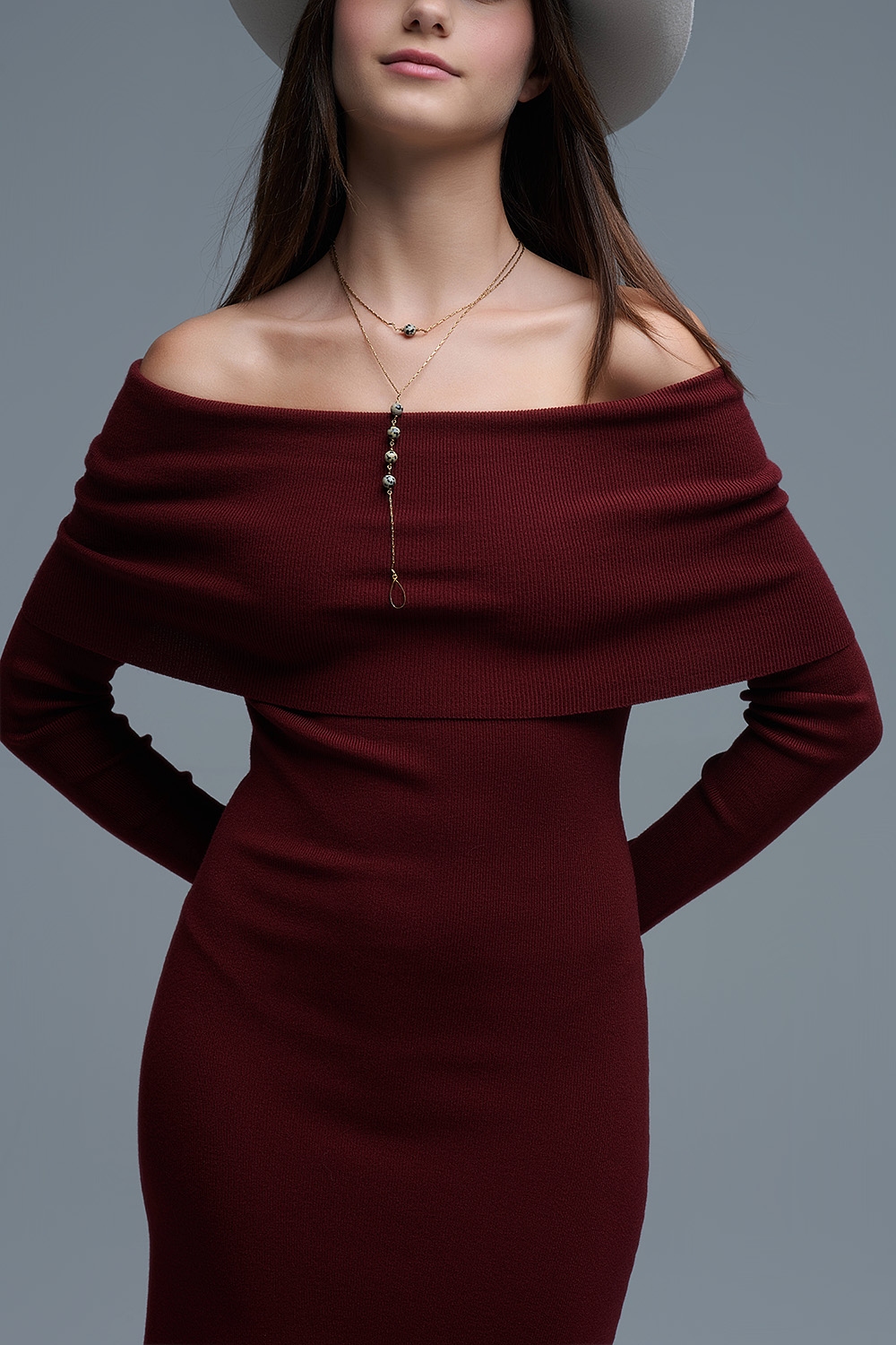 Maxi Vestido Bardot ancho de punto en burdeos