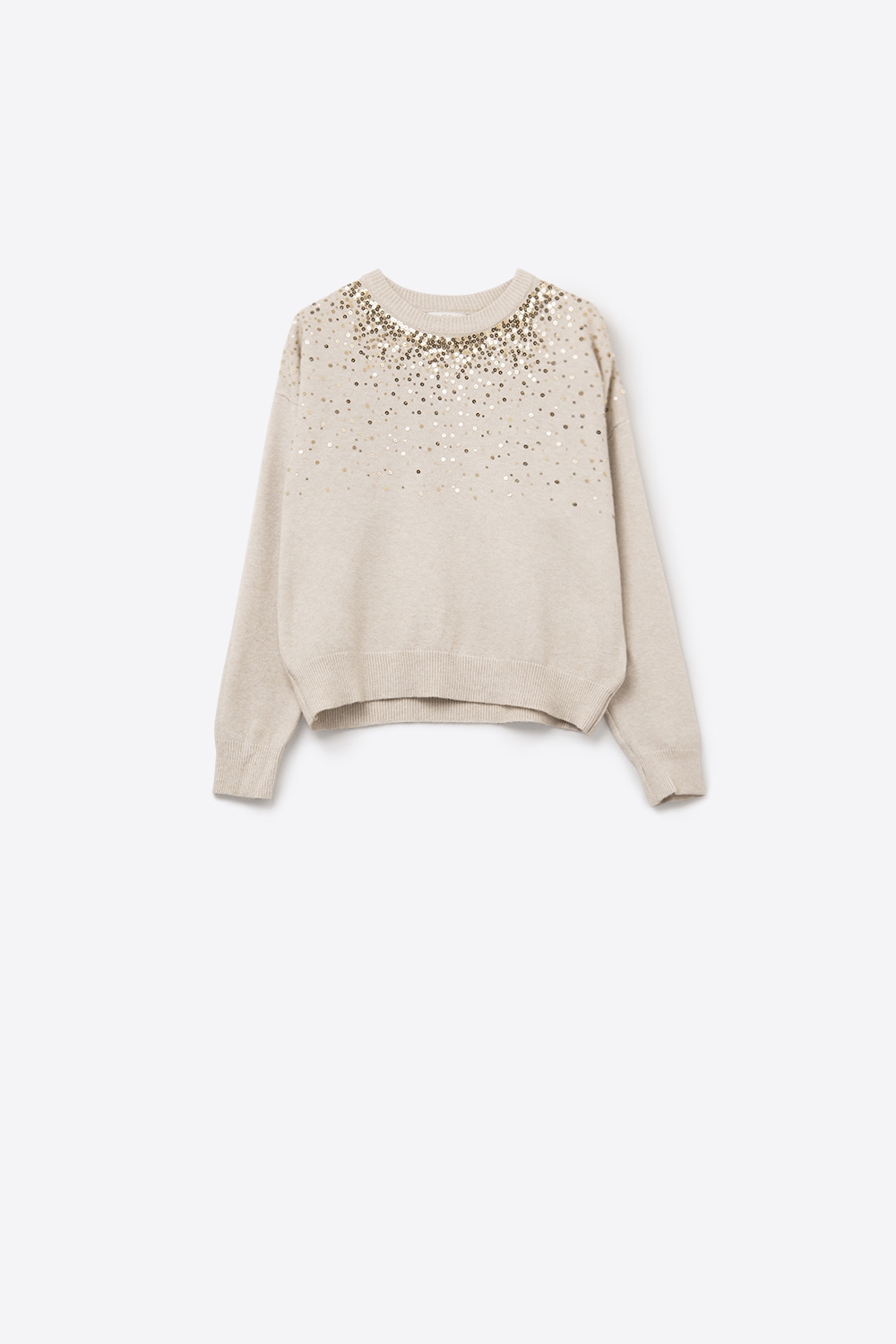 Jersey de punto suave color crema adornado con lentejuelas en la parte delantera Jersey de punto suave color crema adornado con lentejuelas en la parte delantera