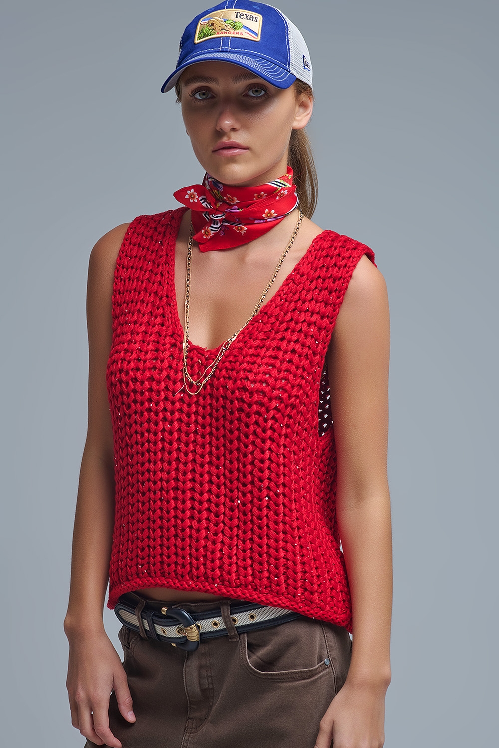 Chaleco Crochet Rojo Con Hilo De Lentejuelas Chaleco Crochet Rojo Con Hilo De Lentejuelas