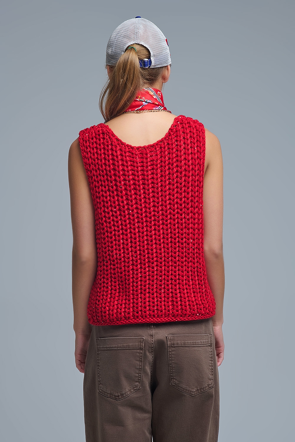 Chaleco Crochet Rojo Con Hilo De Lentejuelas Chaleco Crochet Rojo Con Hilo De Lentejuelas