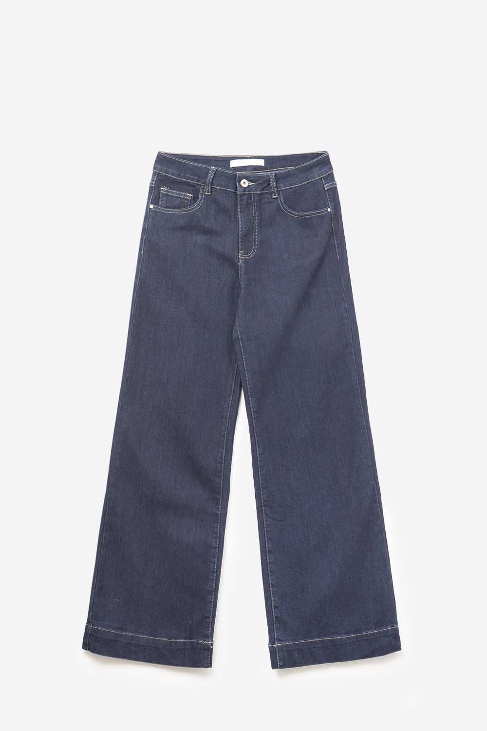 Jeans de pierna ancha de tiro alto en denim oscuro con costuras en contraste