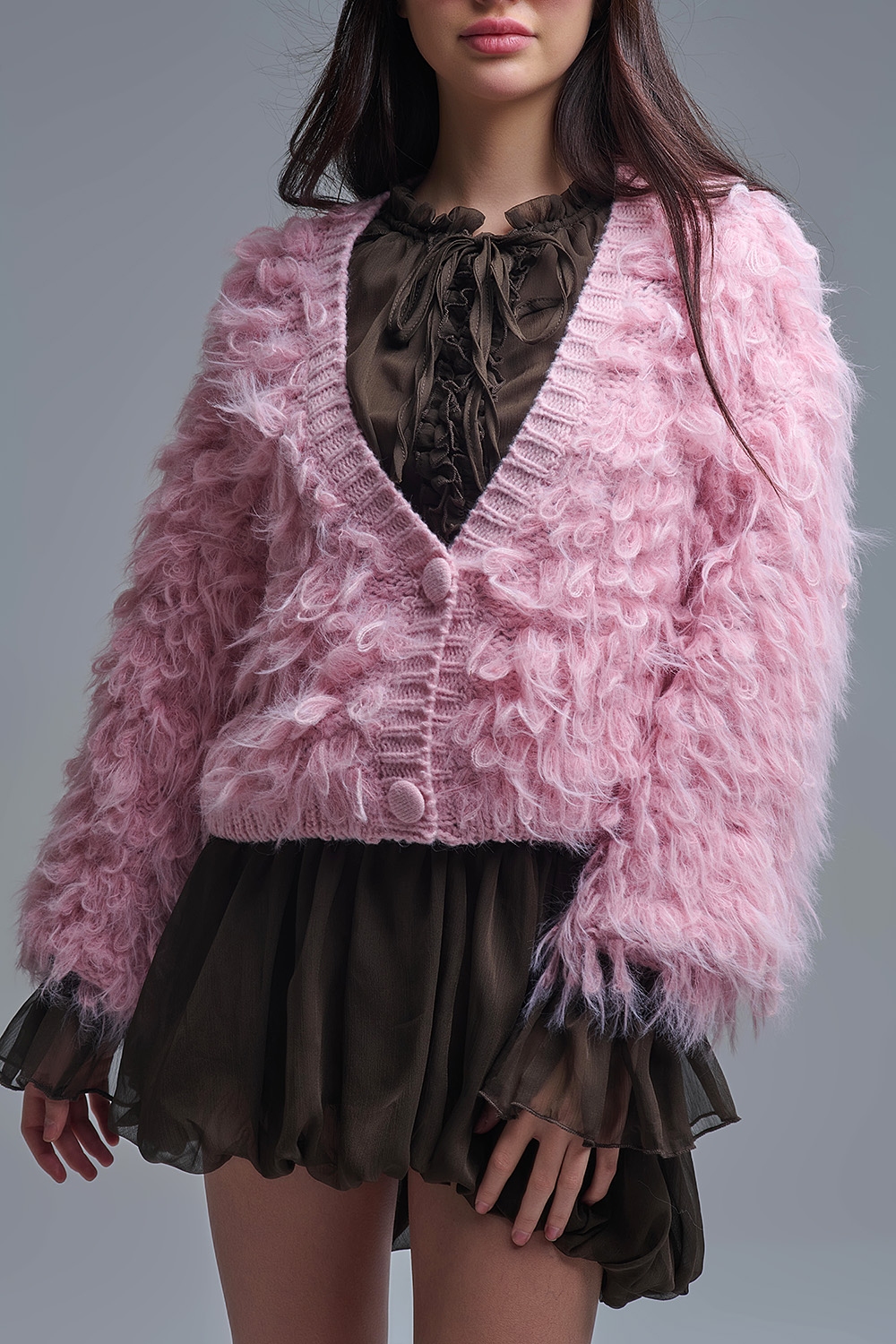 Chaqueta de punto mullida estilo shag en rosa Chaqueta de punto mullida estilo shag en rosa