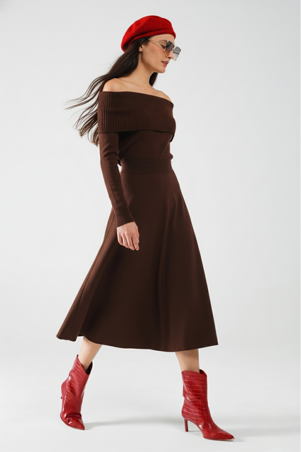 Maxi Vestido Bardot Ancho de Punto Marr&oacute;n