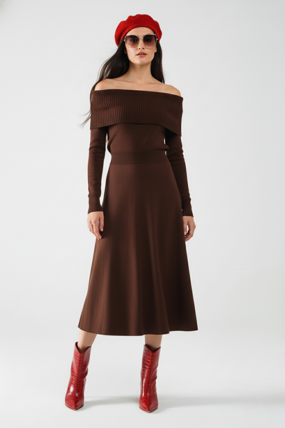 Maxi Vestido Bardot Ancho de Punto Marr&oacute;n