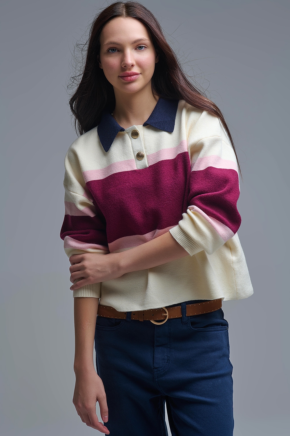Jersey de punto a rayas granate con detalles de botones