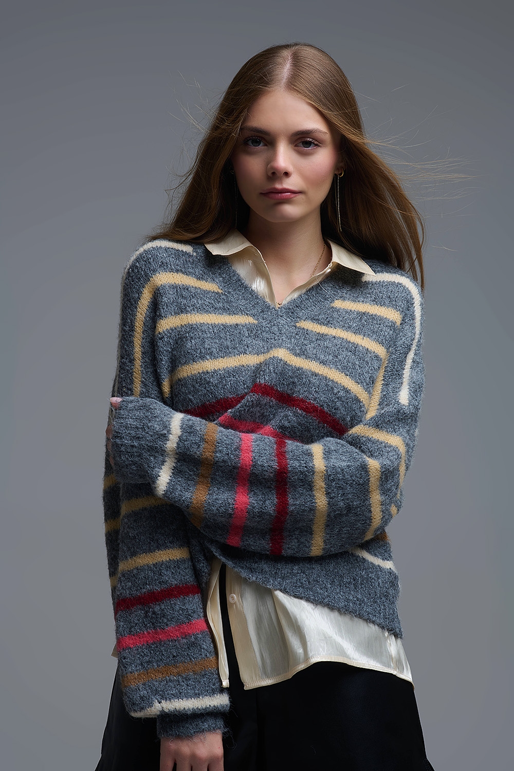 Jersey gris oversize de rayas multicolor