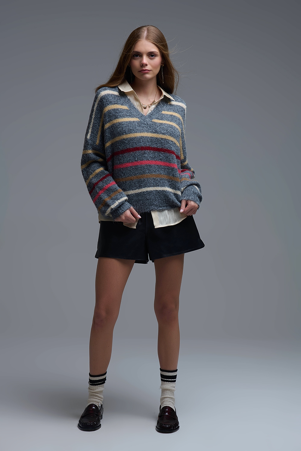 Jersey gris oversize de rayas multicolor