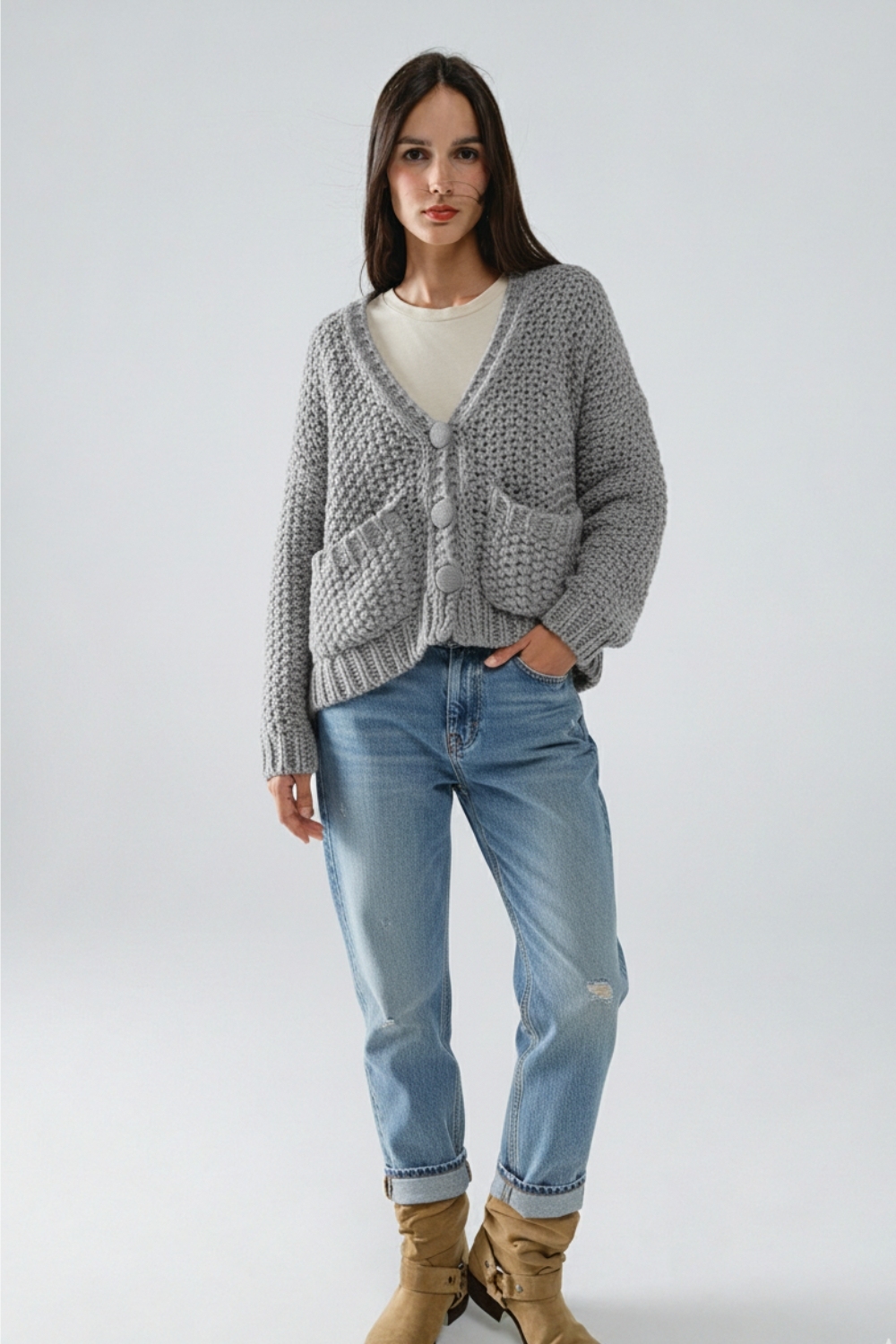 Chaqueta oversize de punto grueso gris con bolsillos Chaqueta oversize de punto grueso gris con bolsillos