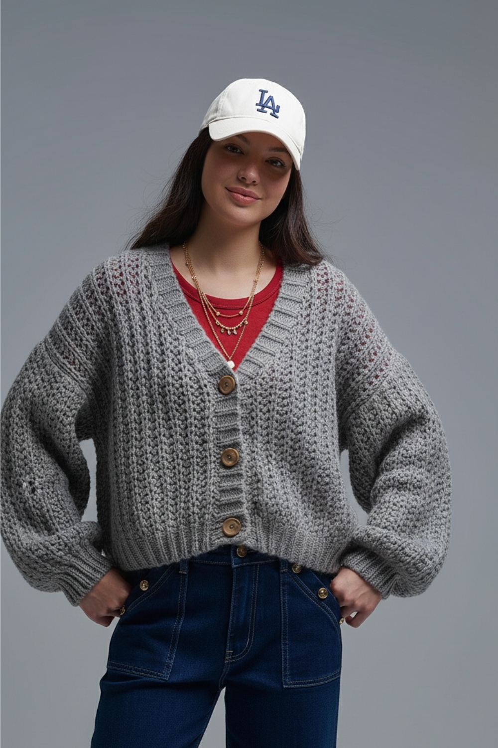 Chaqueta de punto gris con botones