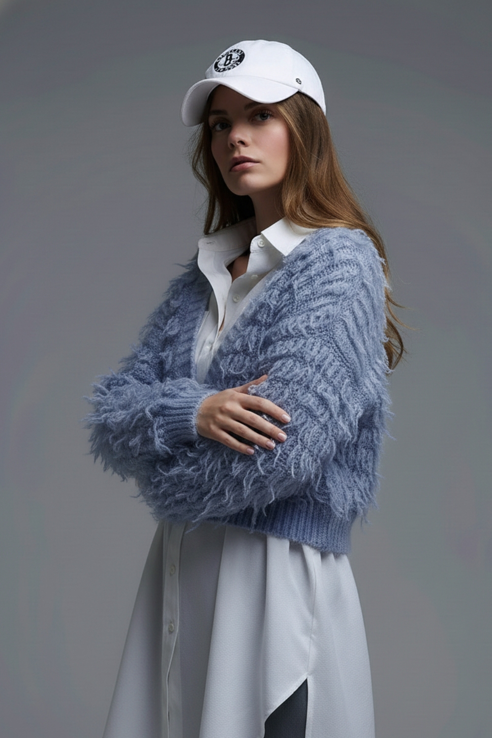 Chaqueta de punto suave en un estilo shag grueso en azul