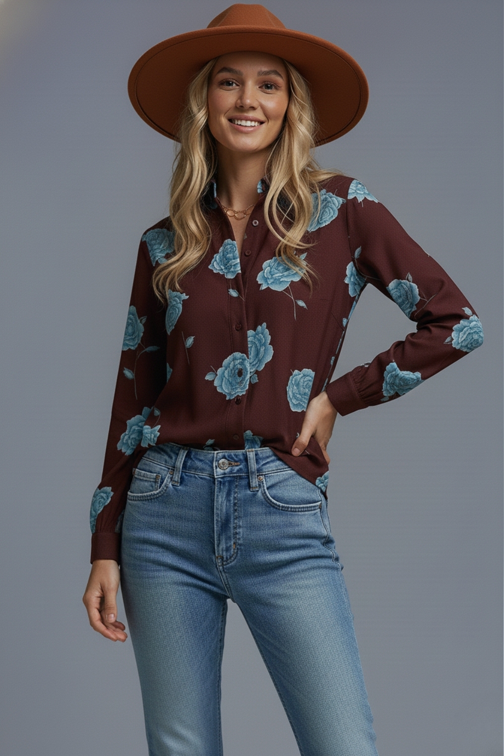 Camisa abotonada marr&oacute;n con estampado floral azul claro en raso