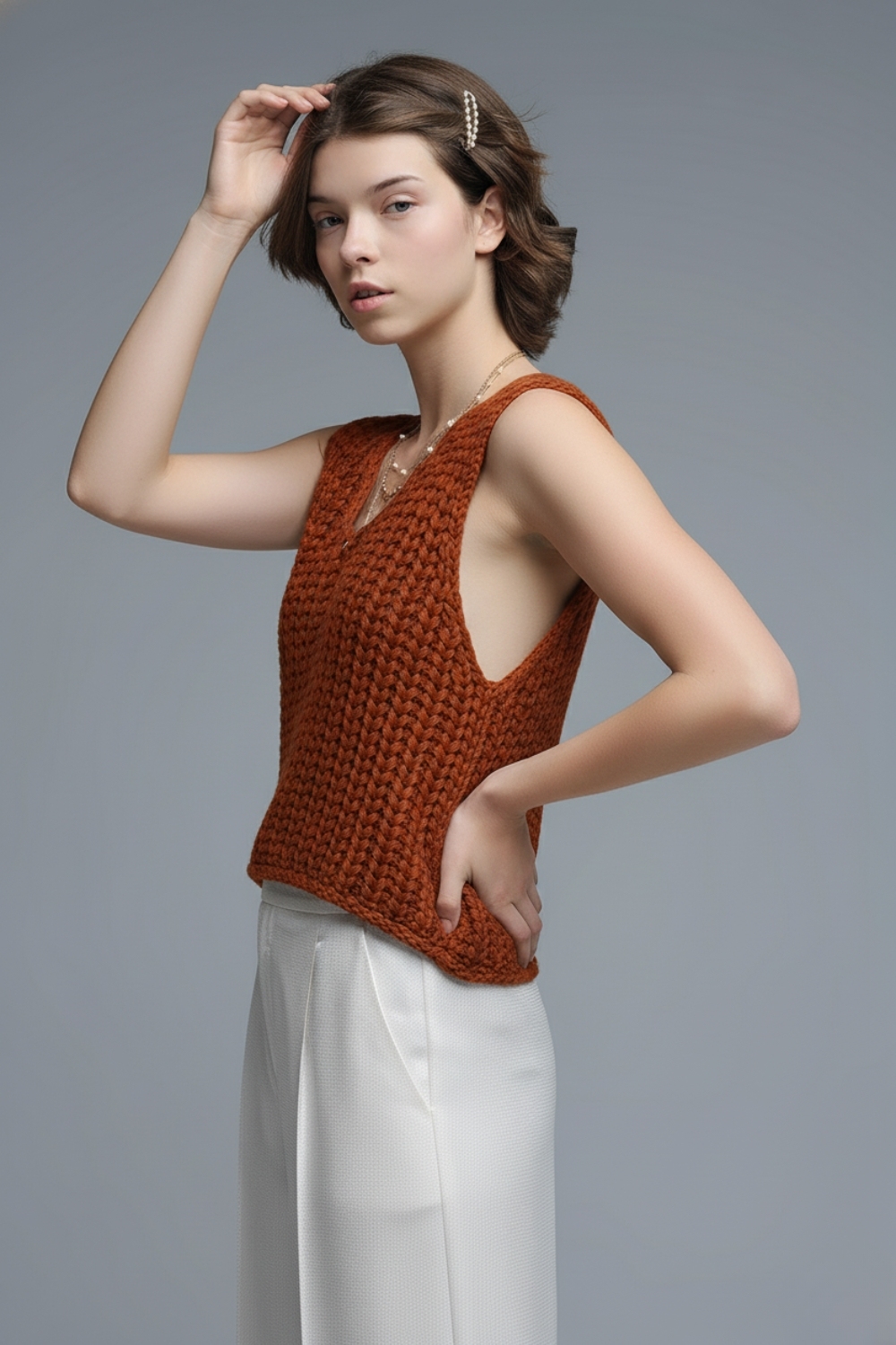 Chaleco corto de crochet en color naranja con hilo de lentejuelas Chaleco corto de crochet en color naranja con hilo de lentejuelas