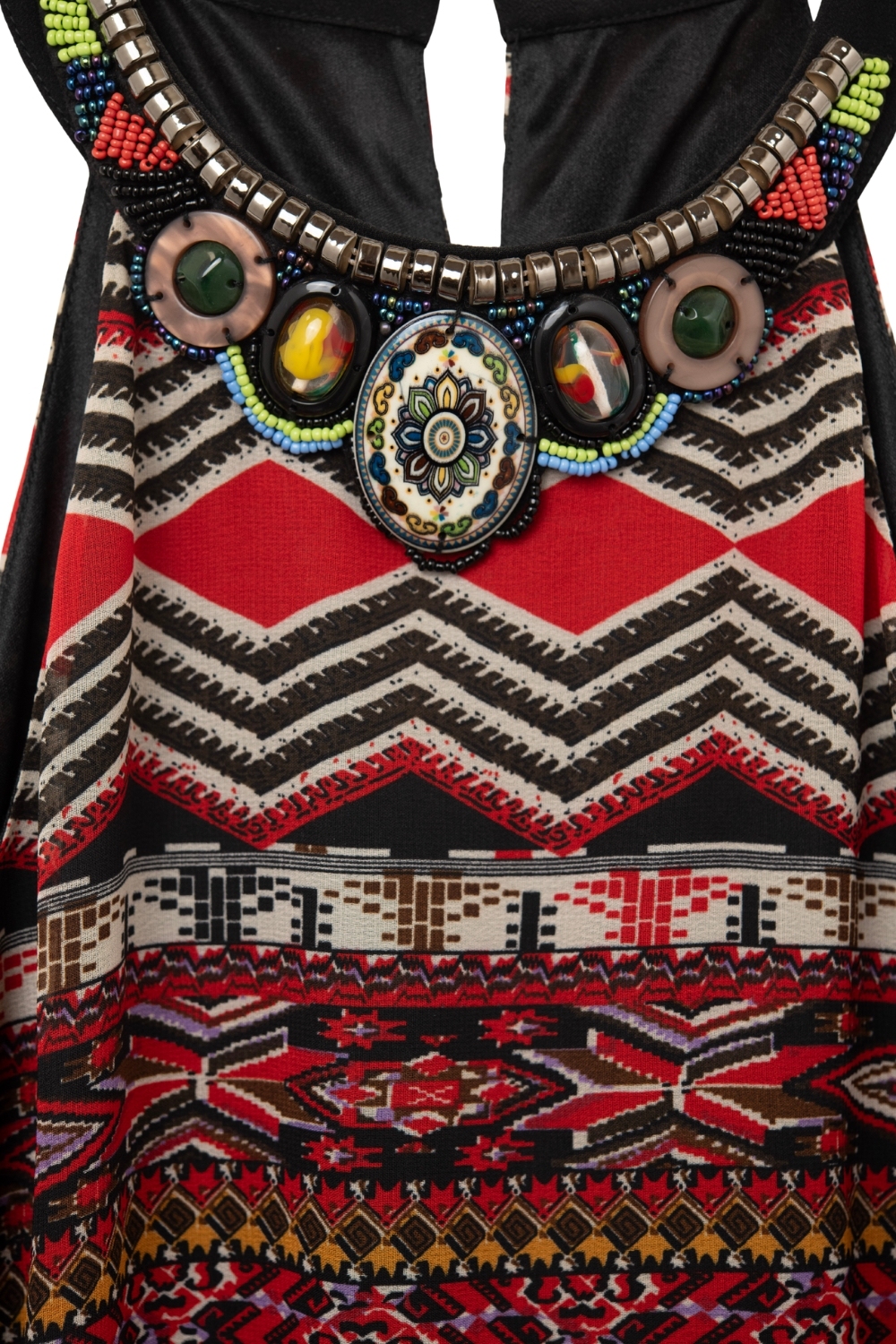 Vestido rojo boho midi con estampado tribal