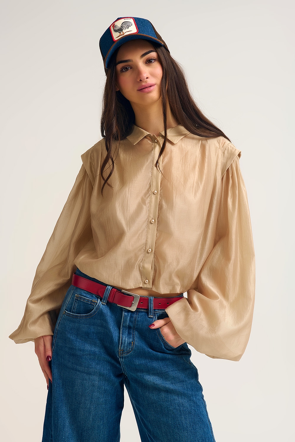 Blusa de seda Tencel con mangas globo y botones de nácar Blusa de seda Tencel con mangas globo y botones de nácar