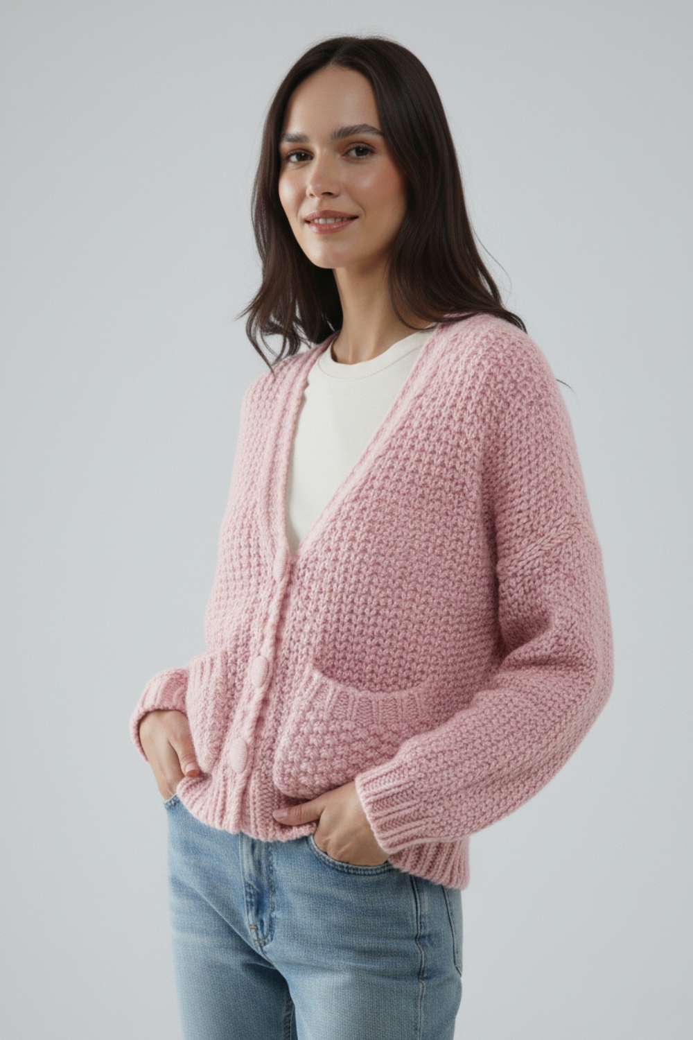 Chaqueta oversize de punto grueso rosa con bolsillos Chaqueta oversize de punto grueso rosa con bolsillos