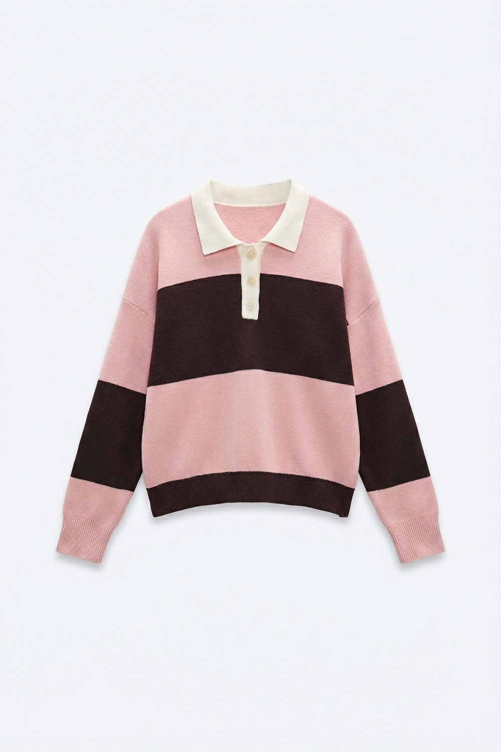 Polo de punto rosa con rayas marrones