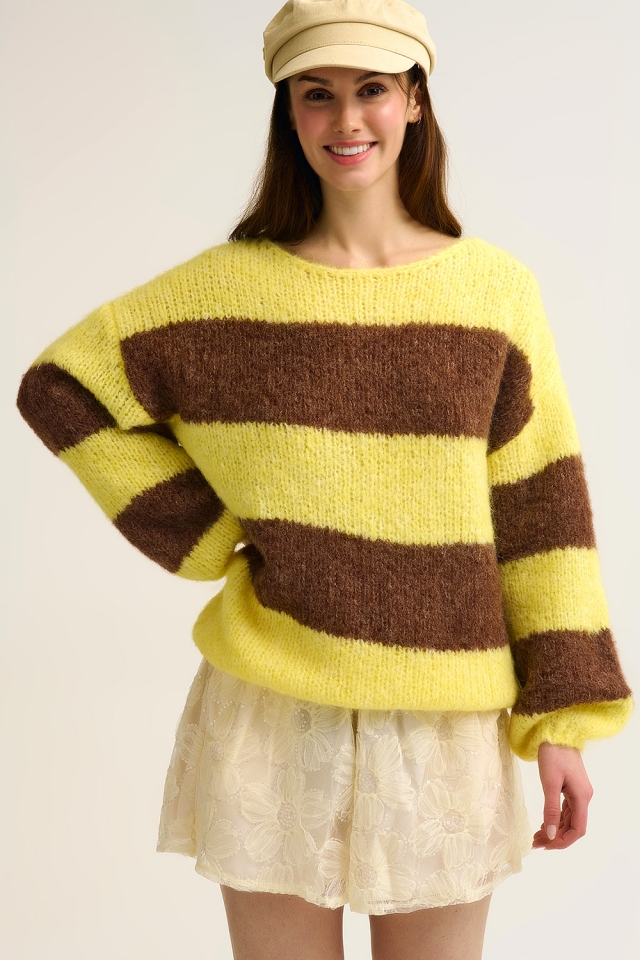 Jersey de punto a rayas amarillo esponjoso con mangas globo