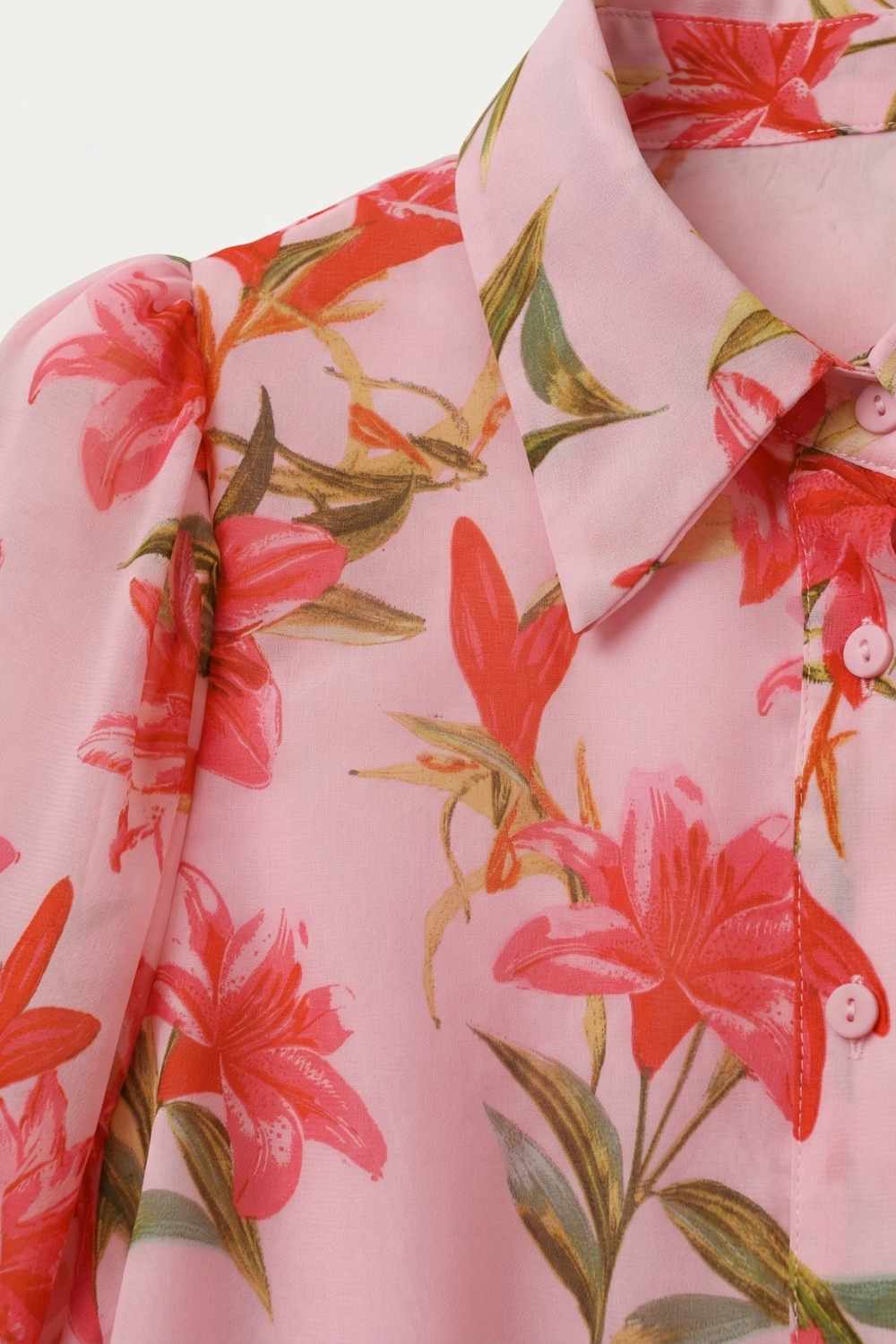Blusa de gasa con Estampado Floral Rosa y Mangas de Globo Abotonada Blusa de gasa con Estampado Floral Rosa y Mangas de Globo Abotonada