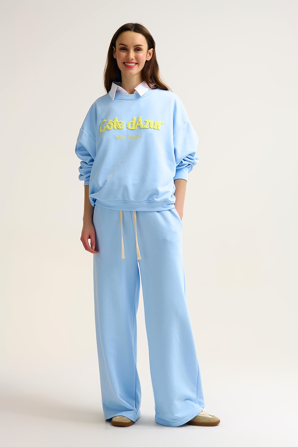 Pantalón de chándal recto de punto azul bebé con cintura elástica y lazo Pantalón de chándal recto de punto azul bebé con cintura elástica y lazo