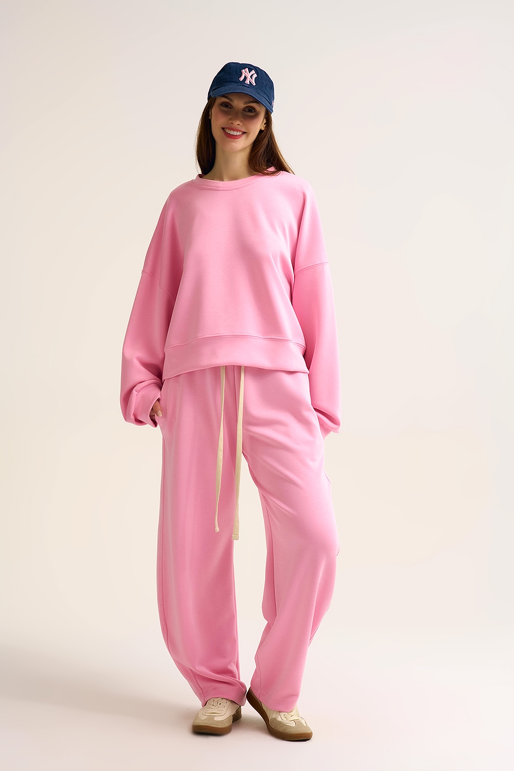 Pantal&oacute;n jogger de punto supersuave en rosa con cord&oacute;n en la cintura
