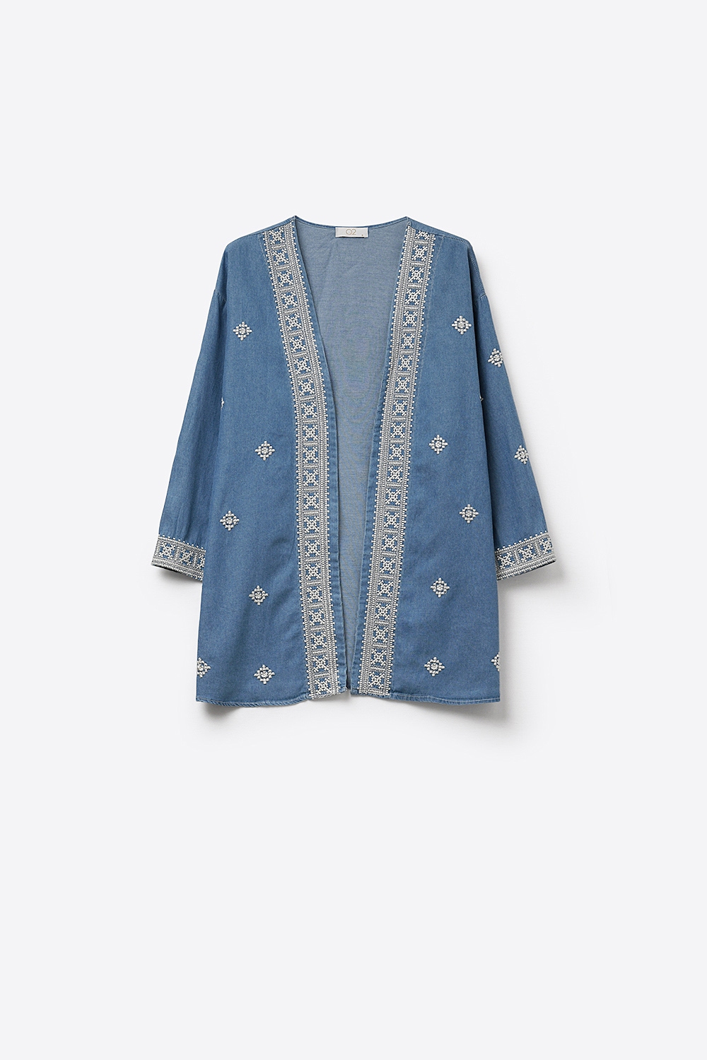 Kimono azul bordado abierto por delante con ribete blanco Kimono azul bordado abierto por delante con ribete blanco