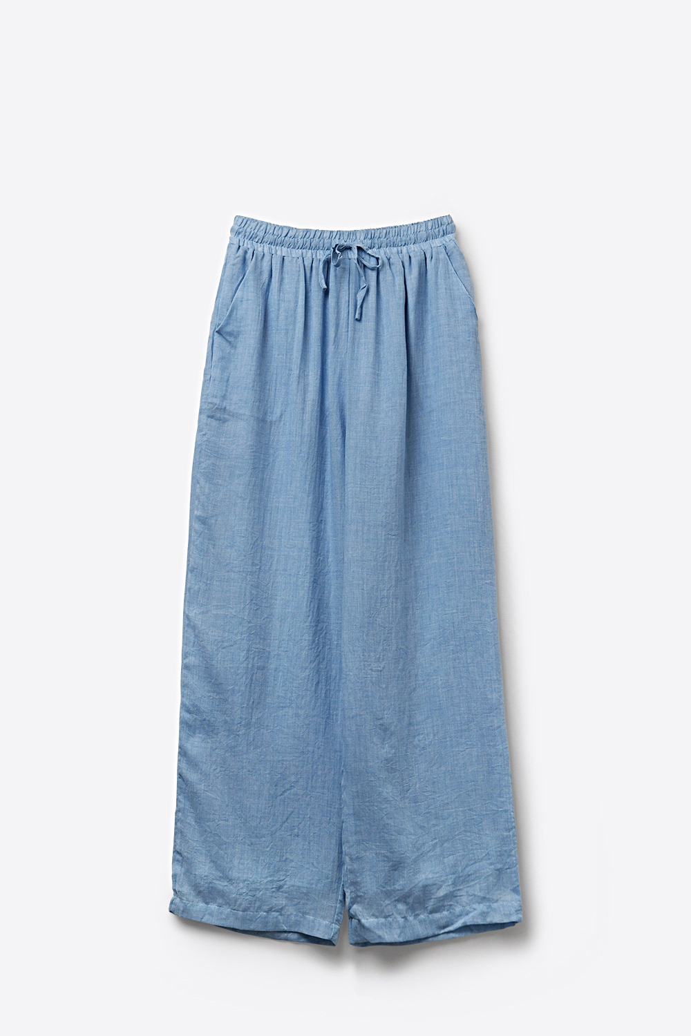 Pantalones Anchos Azul Claro Ligeros con Tela Arrugada y Cintura El&aacute;stica