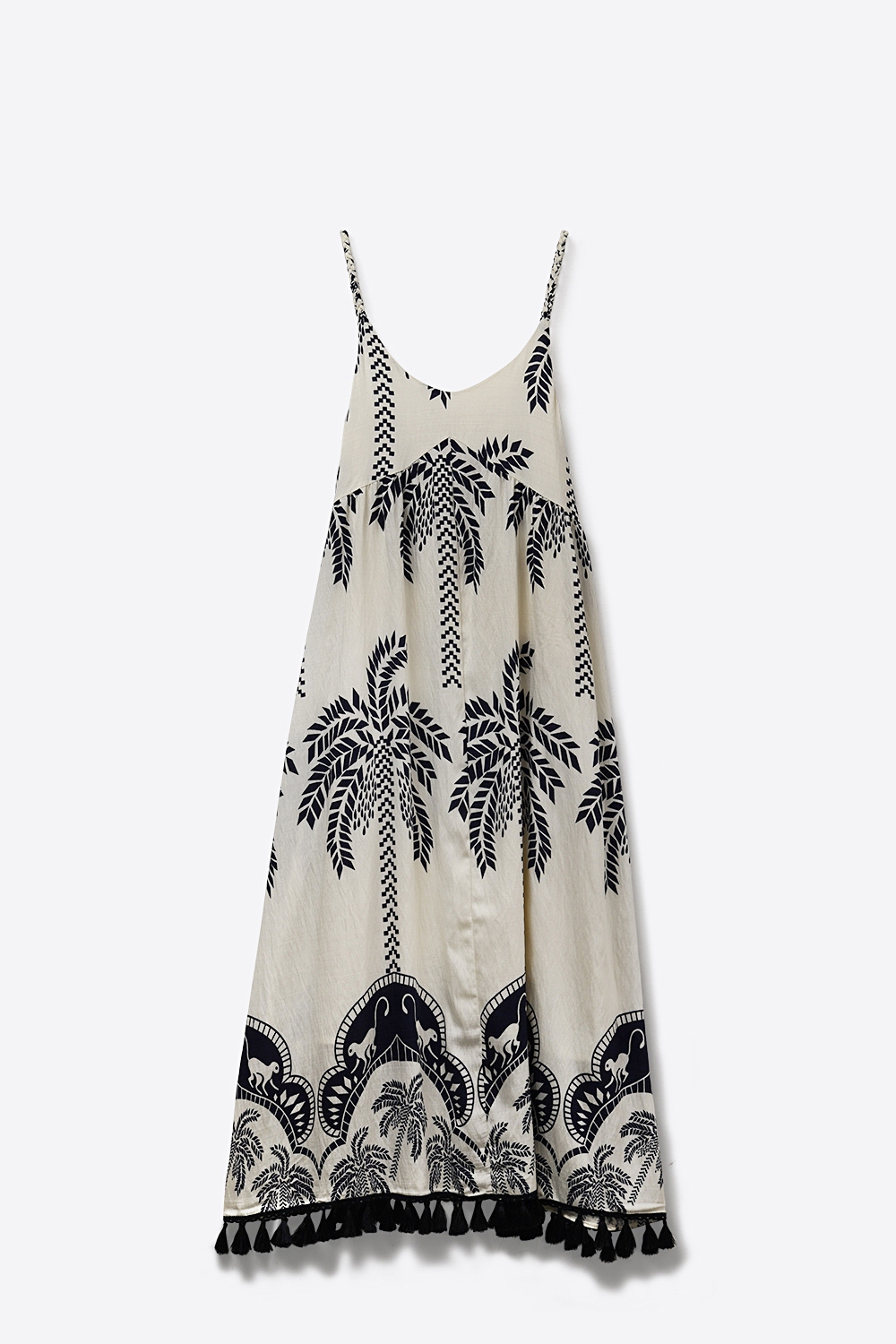 Vestido Maxi Crema con Estampado de Palmeras Azul Marino y Borlas